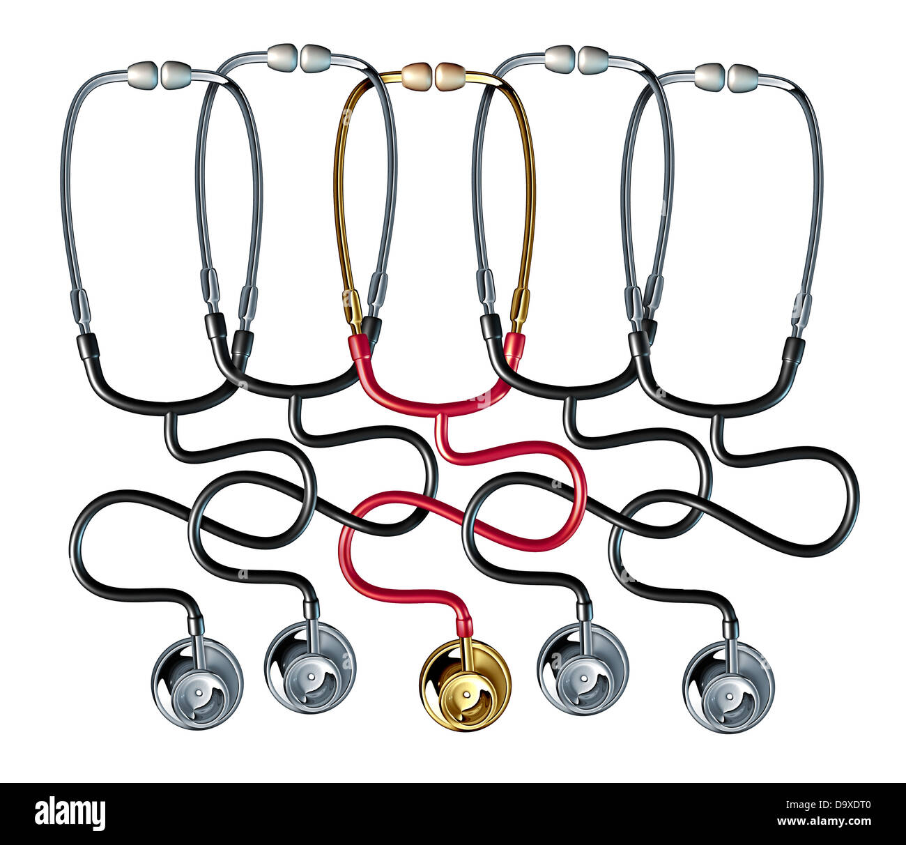 Comunità medica con un gruppo di tre dimensioni catena stetoscopio legate insieme come una cura di salute simbolo di un partenariato organizzato dei medici che lavora insieme ospedale condivisione record del paziente e nuove ricerche scientifiche. Foto Stock