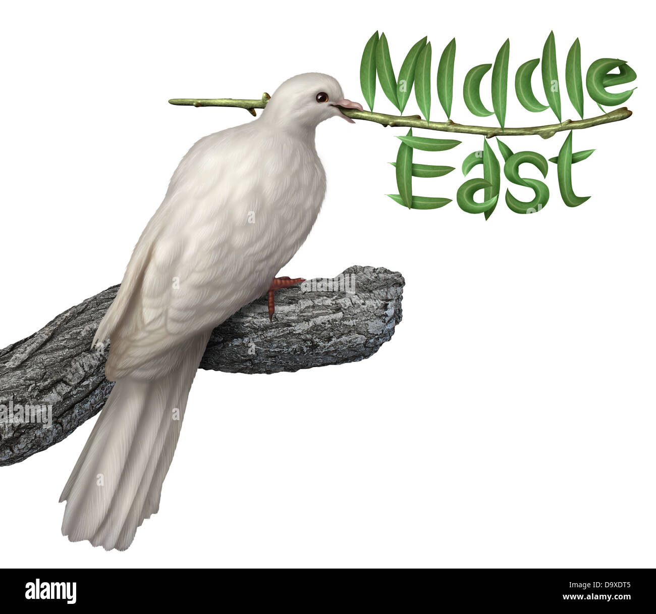 Medio Oriente piano di pace e la diplomazia concetto con una colomba bianca tenendo un ramo di olivo con le foglie in forma di parola Foto Stock