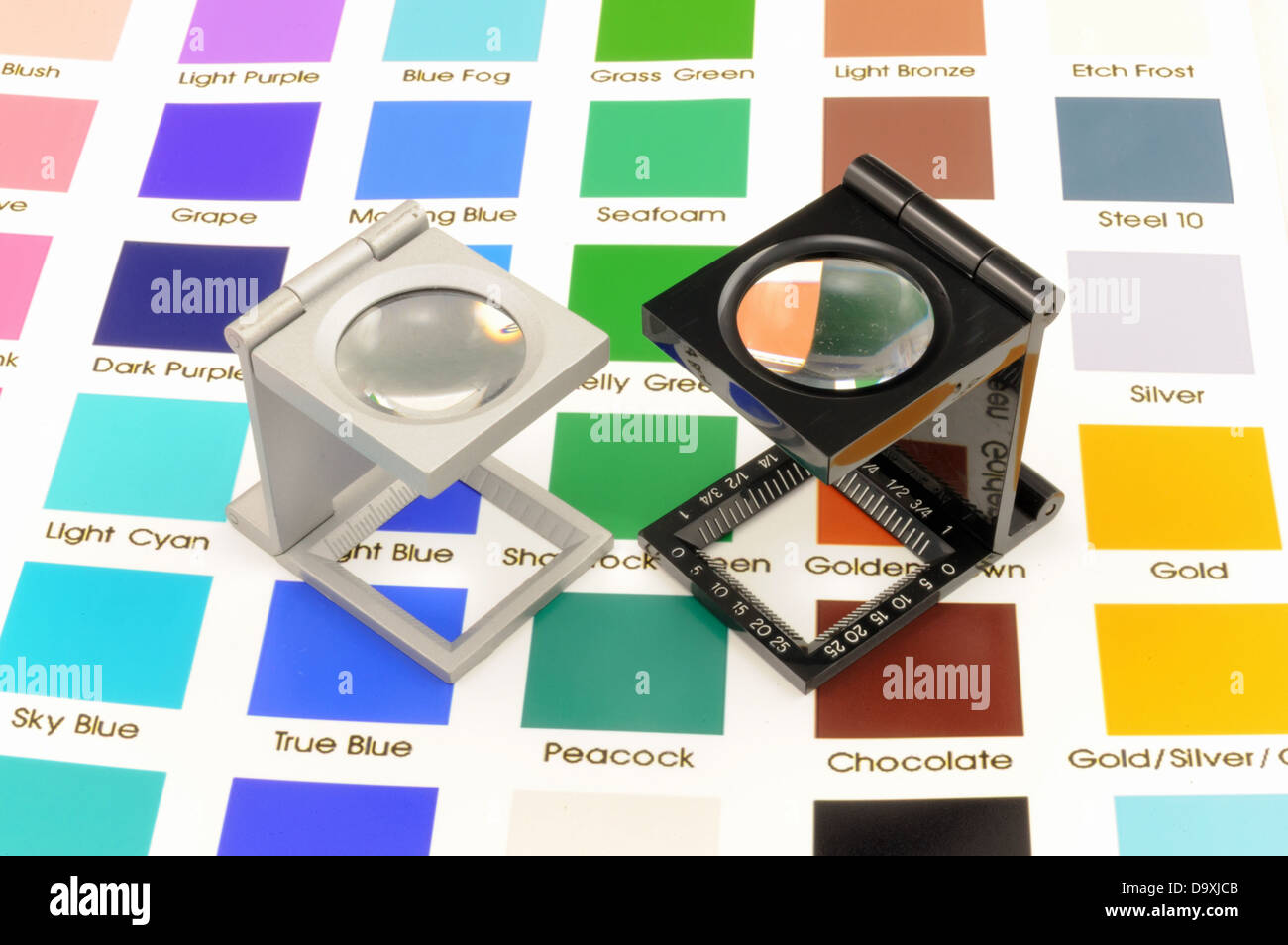 Lente di ingrandimento di Twin loupes gestione dei colori sul diagramma dei colori. Foto Stock