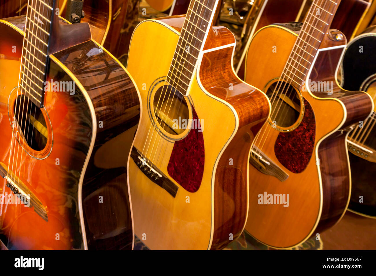 Il parafango e Alvarez chitarre acustiche sul display in un vintage negozio di musica in Micanopy, Florida. Foto Stock