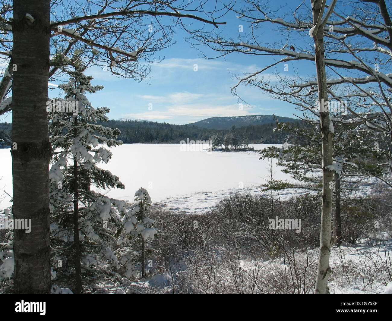 Un paesaggio invernale panoramico di un lago nel Maine, caratterizzato da dintorni ricoperti di neve, acqua ghiacciata e montagne lontane in un tranquillo ambiente di campagna. Foto Stock