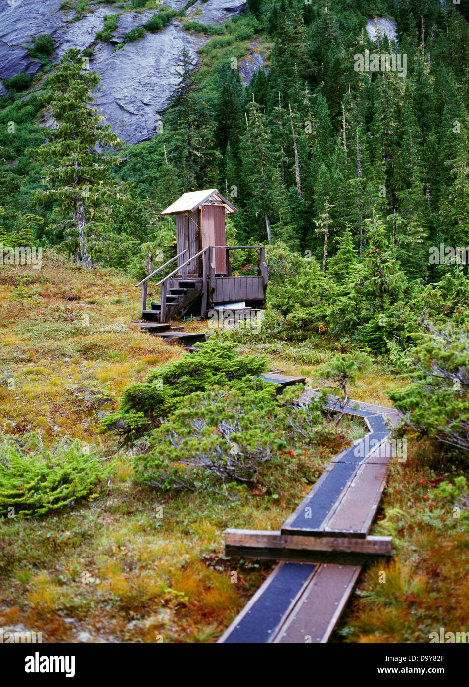 Stati Uniti d'America, Alaska, Misty fiordi monumento nazionale, il grande lago di capra, Foresta Servizio dipendenza dietro al pubblico uso cabina Foto Stock