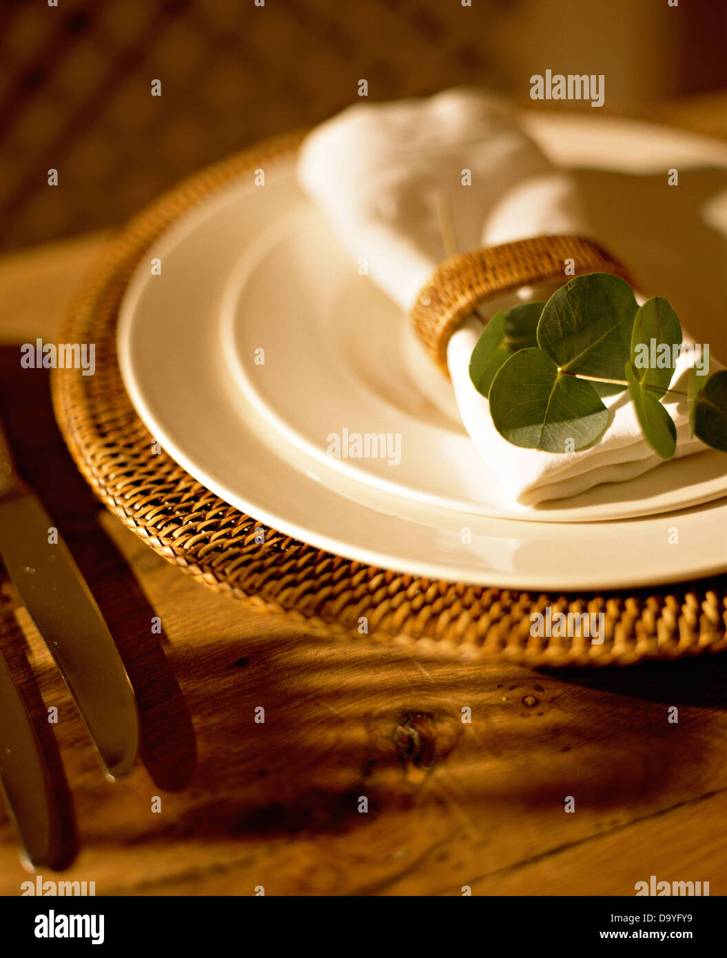 Sala da pranzo dettaglio con singolo posto impostazione, le piastre bianche su un basket weave platter, igienico con squillo impostato sul tavolo di legno Foto Stock