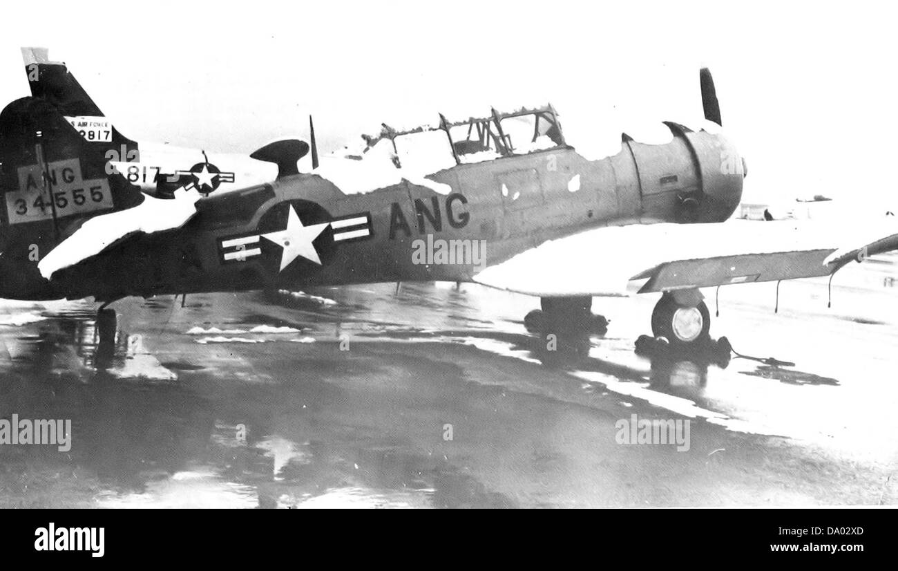 Il 144th Fighter-Bomber Squadron operò con il North American AT-6D-NT Texan 41-3455, un versatile velivolo da addestramento utilizzato per l'addestramento dei piloti da combattimento durante la seconda guerra mondiale Foto Stock
