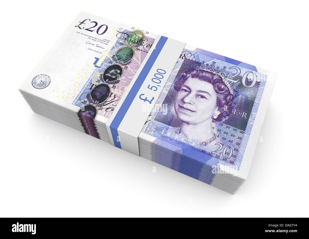 SOLDI £ 5000 in sterline britanniche £ 20 banconote su sfondo bianco Foto Stock