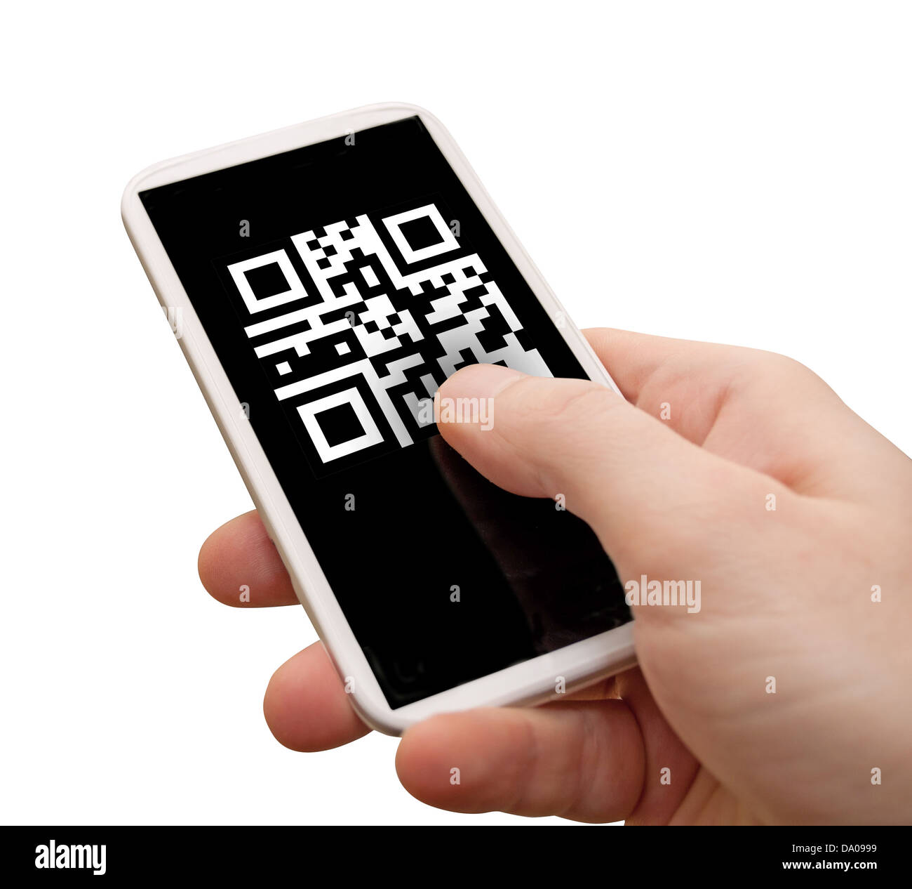 La lettura del codice QR - Mano d'uomo con lo smartphone con il codice QR SUL DISPLAY - Isolato su bianco Foto Stock