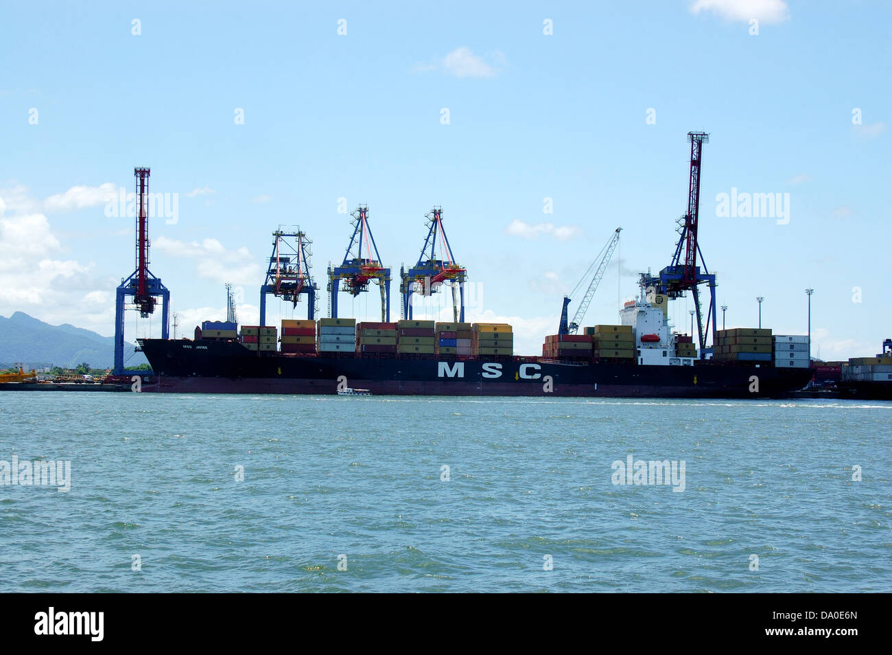 Msc nave container carico e scarico di container merci in container terminal al porto Foto Stock