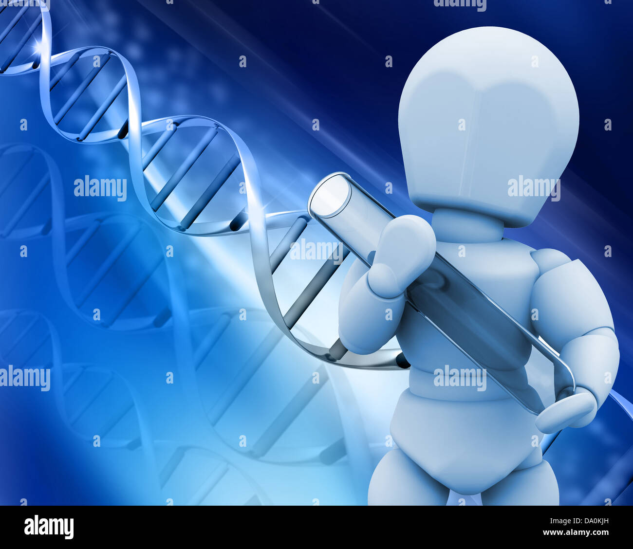 3D rendering di un uomo con un tubo di prova su un sfondo di DNA Foto Stock