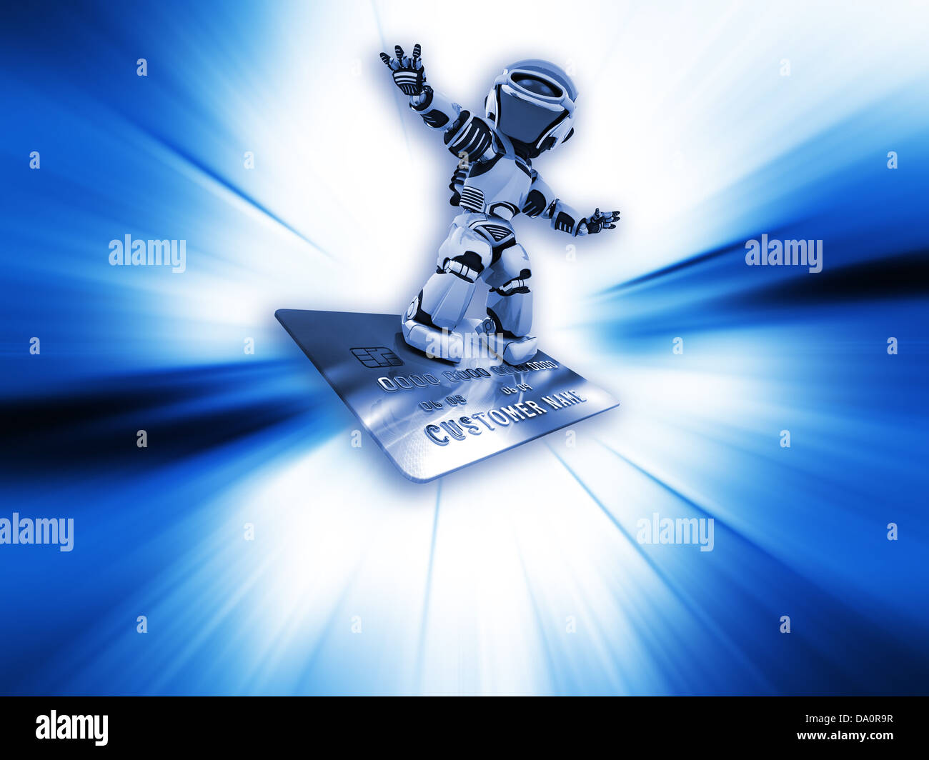 3D render di un robot su una carta di credito a rimpicciolire la pagina Foto Stock
