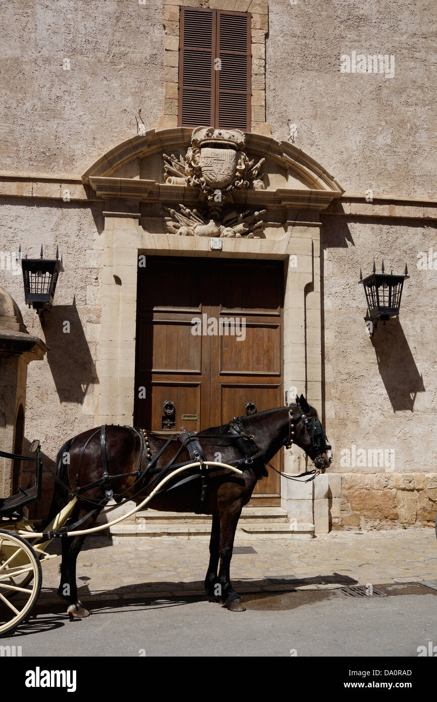 Carrozza a cavallo di fronte all'Almudaina Royal Palace, Palma de Mallorca, Mallorca, Spagna Foto Stock