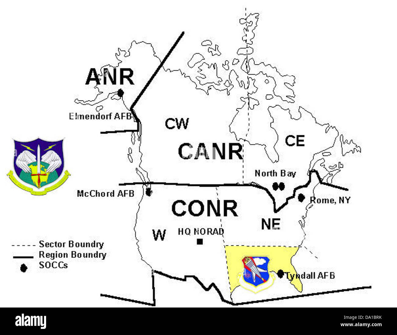 La mappa del settore Southeast Air Defense delinea le aree strategiche di copertura e sorveglianza della difesa per le operazioni militari di difesa aerea. È stato progettato per aiutare nel coordinamento e nella gestione delle risorse di difesa aerea in tutta la regione sud-orientale. Foto Stock