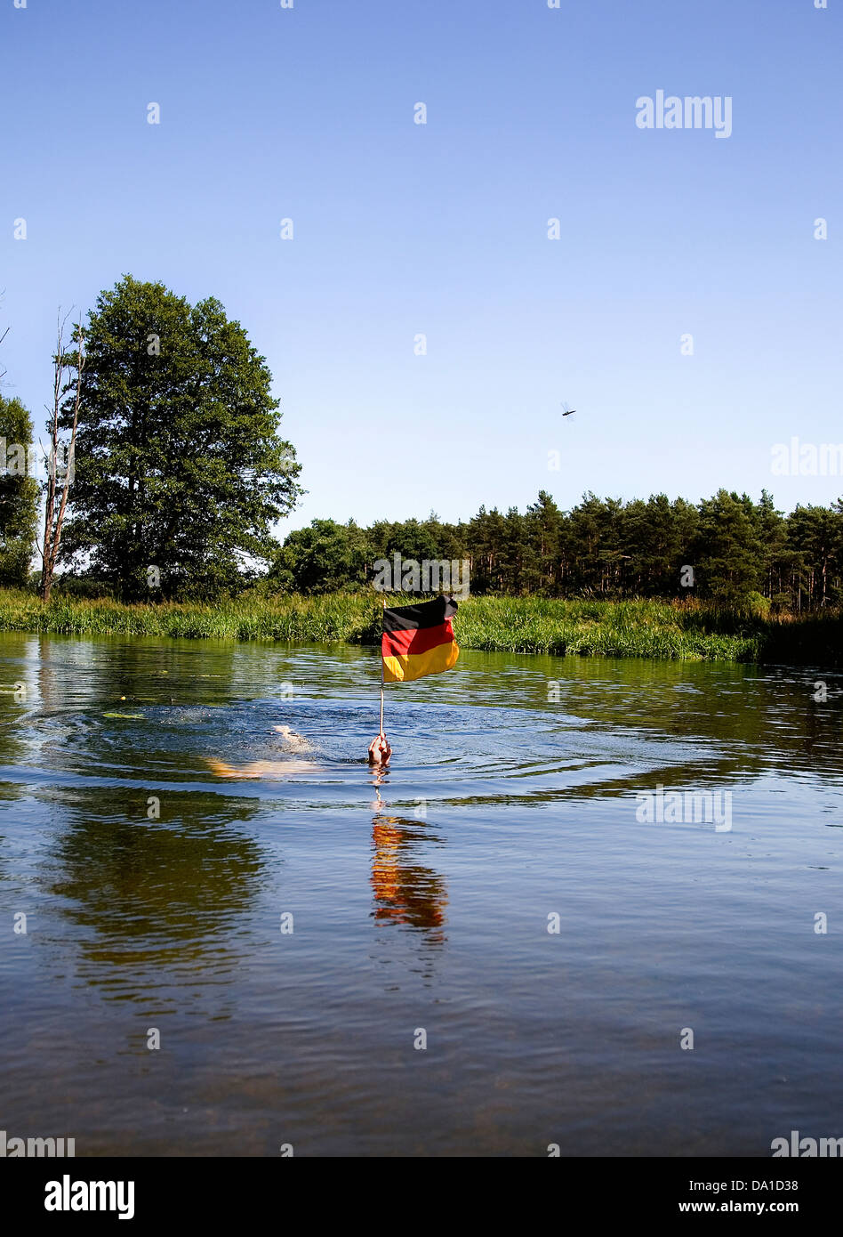 Germania, mano umana tenendo bandiera tedesca in fiume Foto Stock