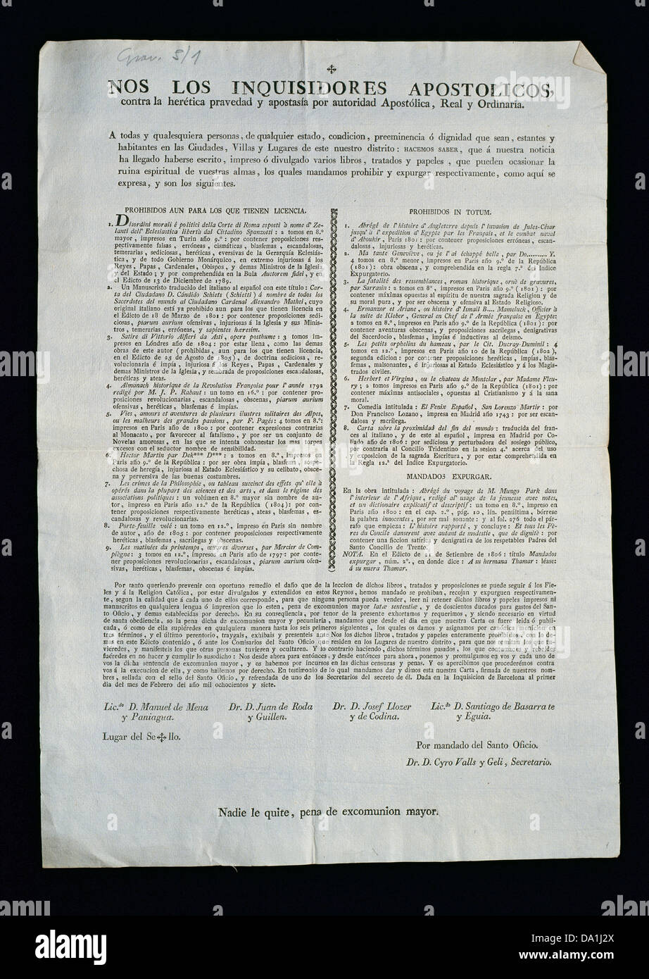 Inquisizione spagnola. documento, xix secolo. Data: Barcellona, 01-01-1807. Foto Stock