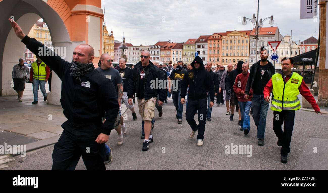 Ceske Budejovice, Boemia del Sud, Repubblica Ceca. Il 29 giugno 2013. La polizia ha trattenuto 28 persone nel corso di una manifestazione contro i problemi di convivenza tra le etnie maggioranza ceca e zingari a Maj housing project in Ceske Budejovice, Boemia del Sud, una città con circa 90.000 abitanti, Sabato, 29 giugno 2013. (CTK foto/David Veis) Credito: CTK/Alamy Live News Foto Stock