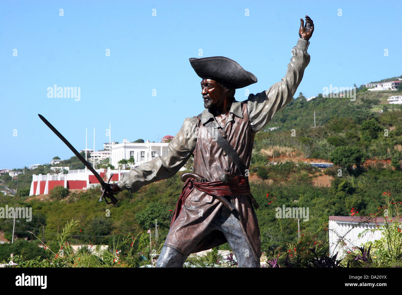 Statua del pirata, Blackbeard il Castello, Charlotte Amalie, san Tommaso, U.S. Isole Vergini degli Stati Uniti d'America Foto Stock