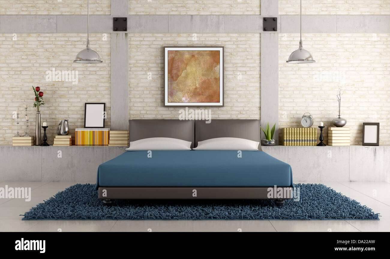 Contemporanee camere da letto in un loft con un muro di mattoni e cemento  pilastro - rendering - tecnica foto sulla parete è una mia composizione  Foto stock - Alamy