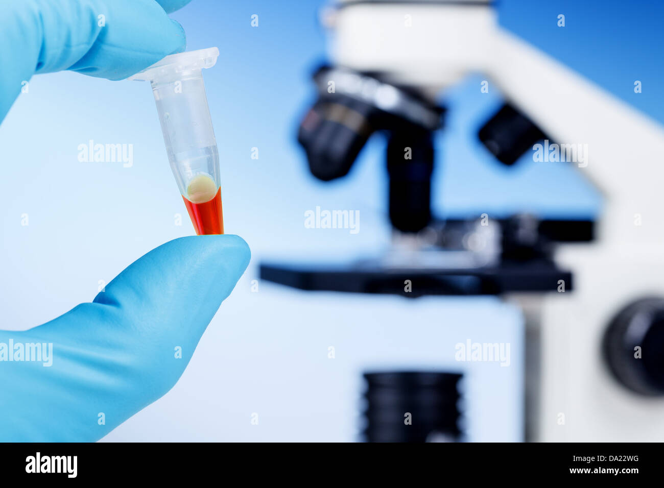 Tubo con una sostanza chimica nel microscopio di sfondo Foto Stock