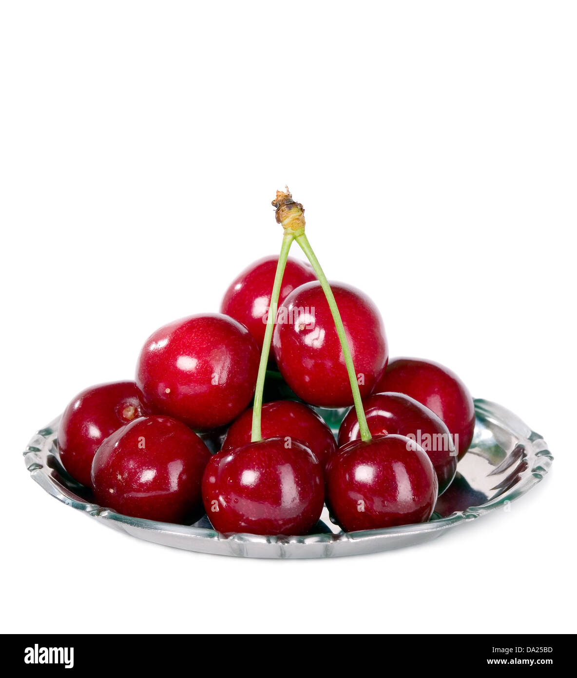 Dolce rosso ciliegia con peduncolo verde, food concept Foto Stock