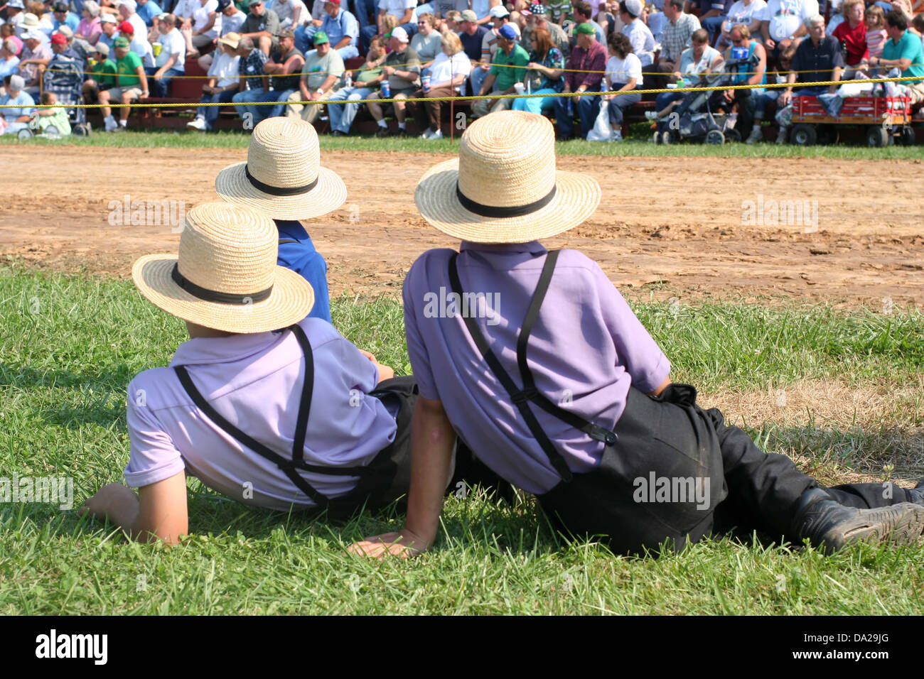 Tre Amish maschi giovani bambini boy ragazzi indossare cappelli hat guardando il trattore tirare maso contadino gli agricoltori le aziende agricole Foto Stock