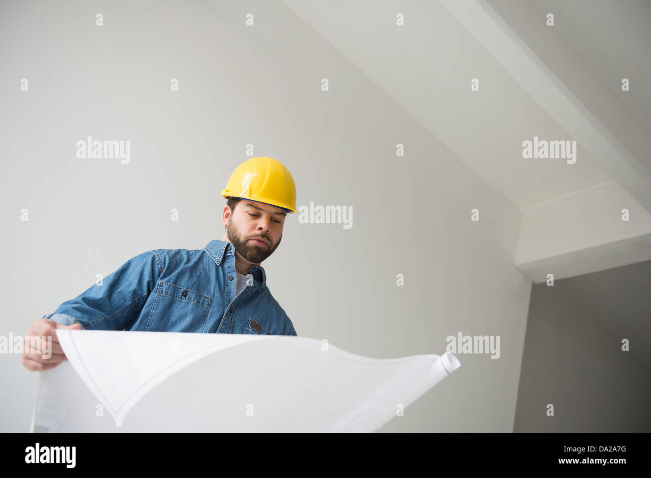 Ritratto di lavoratore edile guardando il blueprint Foto Stock
