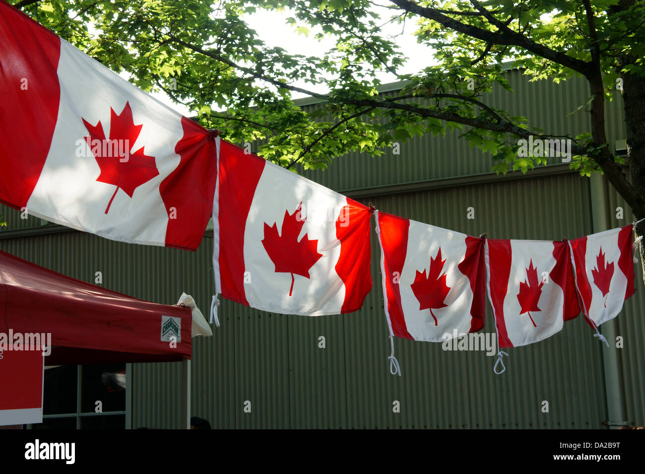 Fila di rosso canadese maple leaf bandiere in Canada alle celebrazioni del  giorno su Granville Island in Vancouver, British Columbia, Canada Foto  stock - Alamy