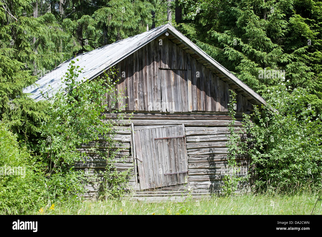 Il vecchio fienile con porta storta, Finlandia Foto Stock