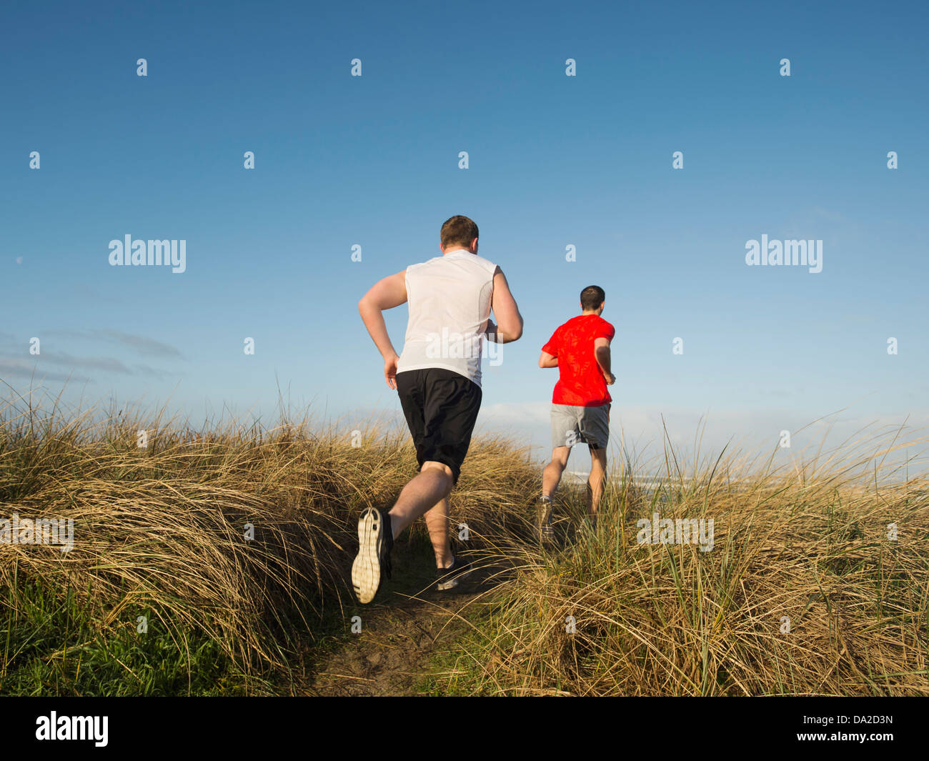 Stati Uniti d'America, Oregon, Rockaway Beach, giovani uomini adulti in esecuzione su dune Foto Stock