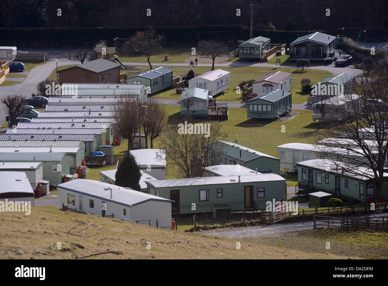 Di proprietà privata e affittare roulottes fisse e chalets, penna Rhos, Llanrhystud, Wales, Regno Unito Foto Stock