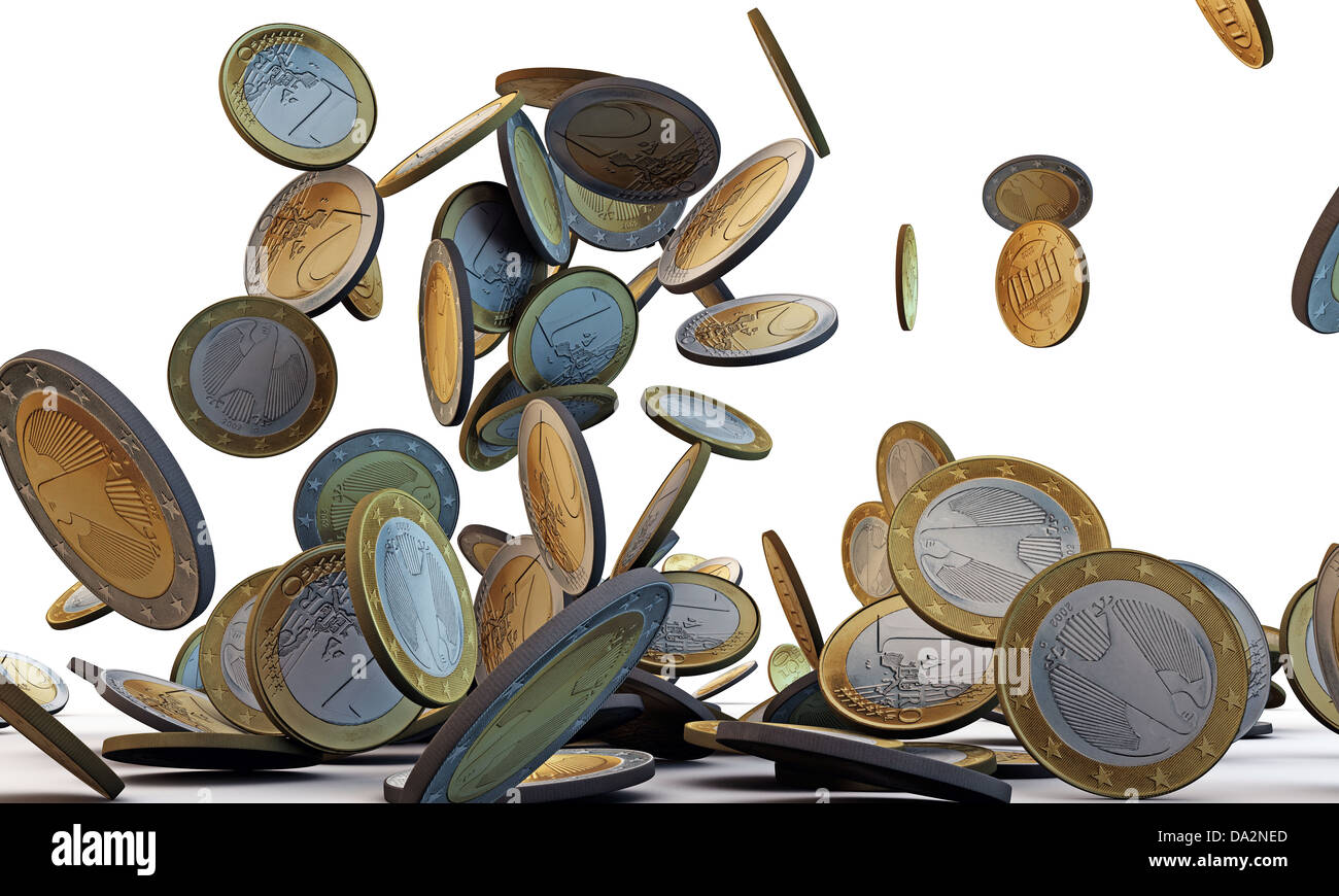 Monete metalliche in euro che rientrano isolati su sfondo bianco Foto Stock