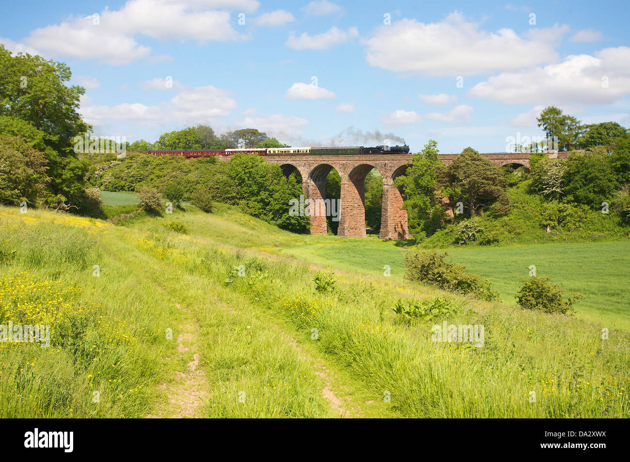 Fattoria di avvolgimento traccia la strada per un viadotto dove treno a vapore passa sul secco viadotto Beck, di stabilirsi a Carlisle linea ferroviaria, REGNO UNITO Foto Stock