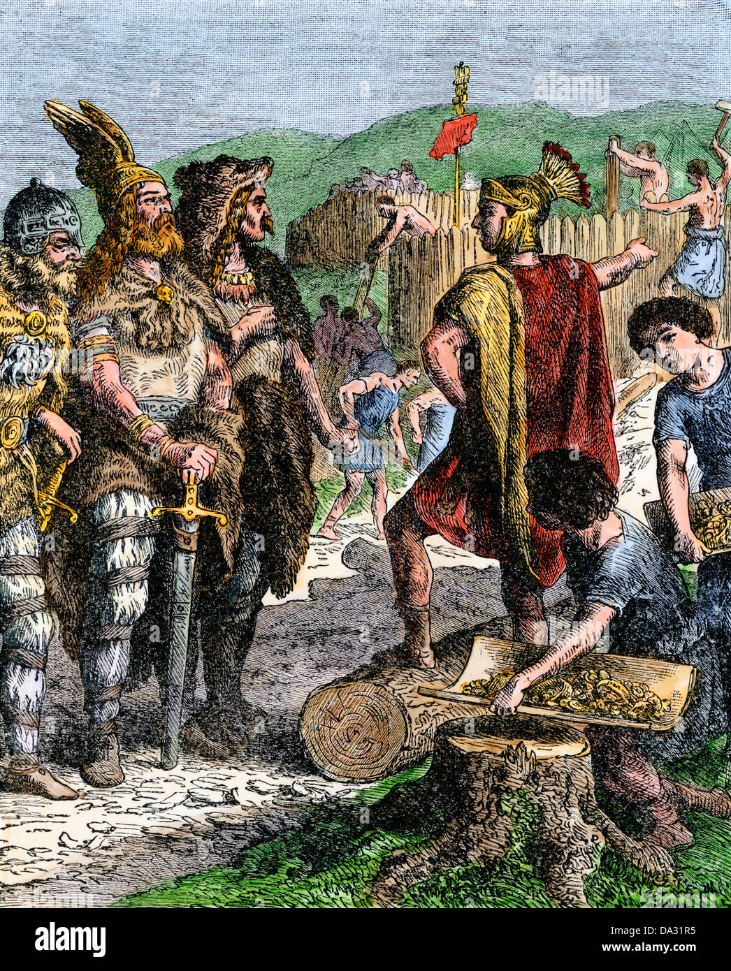 Il generale romano Flavio Stilicho affronta Radagaisus, Ostrogoth leader, a Fiesole nel 406 d.c. Colorate a mano la xilografia Foto Stock
