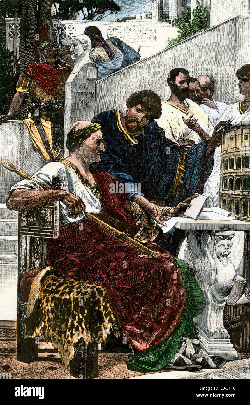 Imperatore romano Vespasiano pianificazione la costruzione del Colosseo. Colorate a mano la xilografia Foto Stock