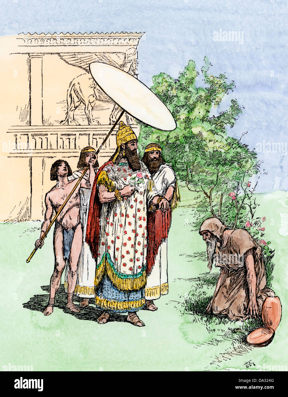 Il re Nabucodònosor incontro un giardiniere, antica Babilonia. Colorate a mano la xilografia Foto Stock