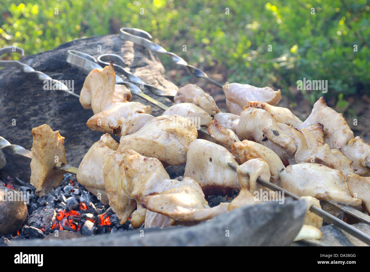 Grigliate di carne bianca preparazione shish kebab Barbecue cibo fresco picnic all'aperto Foto Stock