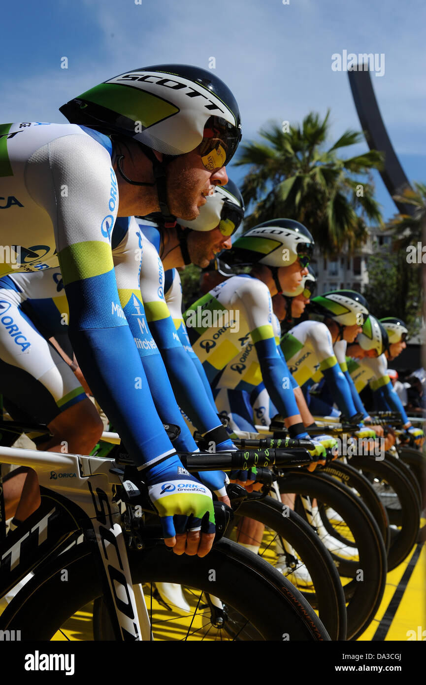 Nizza, Francia. 02Luglio, 2013. Team Greenedge Orica durante il team crono sul palco 4 del Tour de France da Nizza. Credito: Azione Sport Plus/Alamy Live News Foto Stock