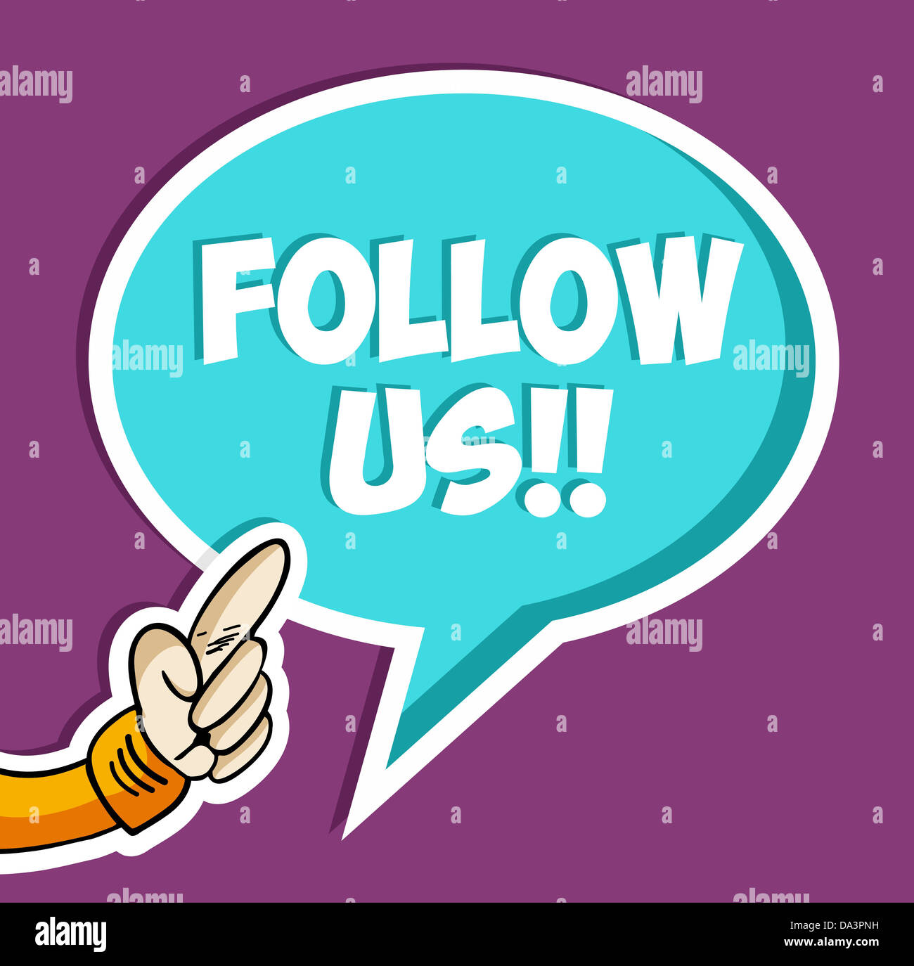 Follow us bubble sticker sfondo. File vettoriale stratificata per una facile manipolazione e colorazione personalizzata Foto Stock