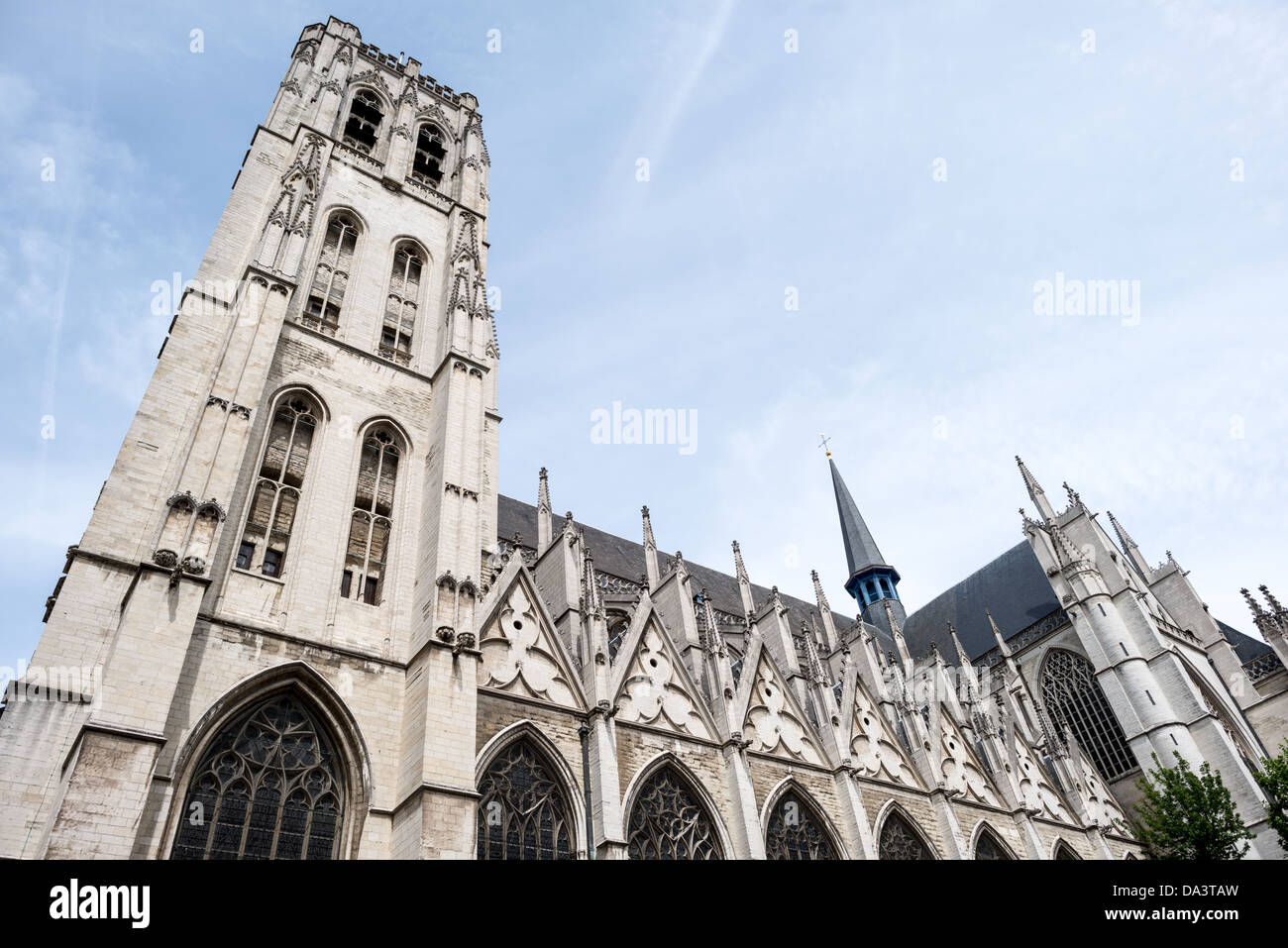 BRUXELLES, Belgio — l'esterno della navata della cattedrale di San Michele e San Gudula (in francese, Co-Cathédrale collégiale des SS-Michel et Gudule). Una chiesa fu fondata su questo sito nell'XI secolo, ma l'attuale edificio risale al XIII-XV secolo. La cattedrale cattolica romana è la sede di molte funzioni statali come incoronazioni, matrimoni reali e funerali di stato. Ha due santi patroni, San Michele e San Gudula, entrambi i quali sono anche i santi patroni di Bruxelles. Foto Stock