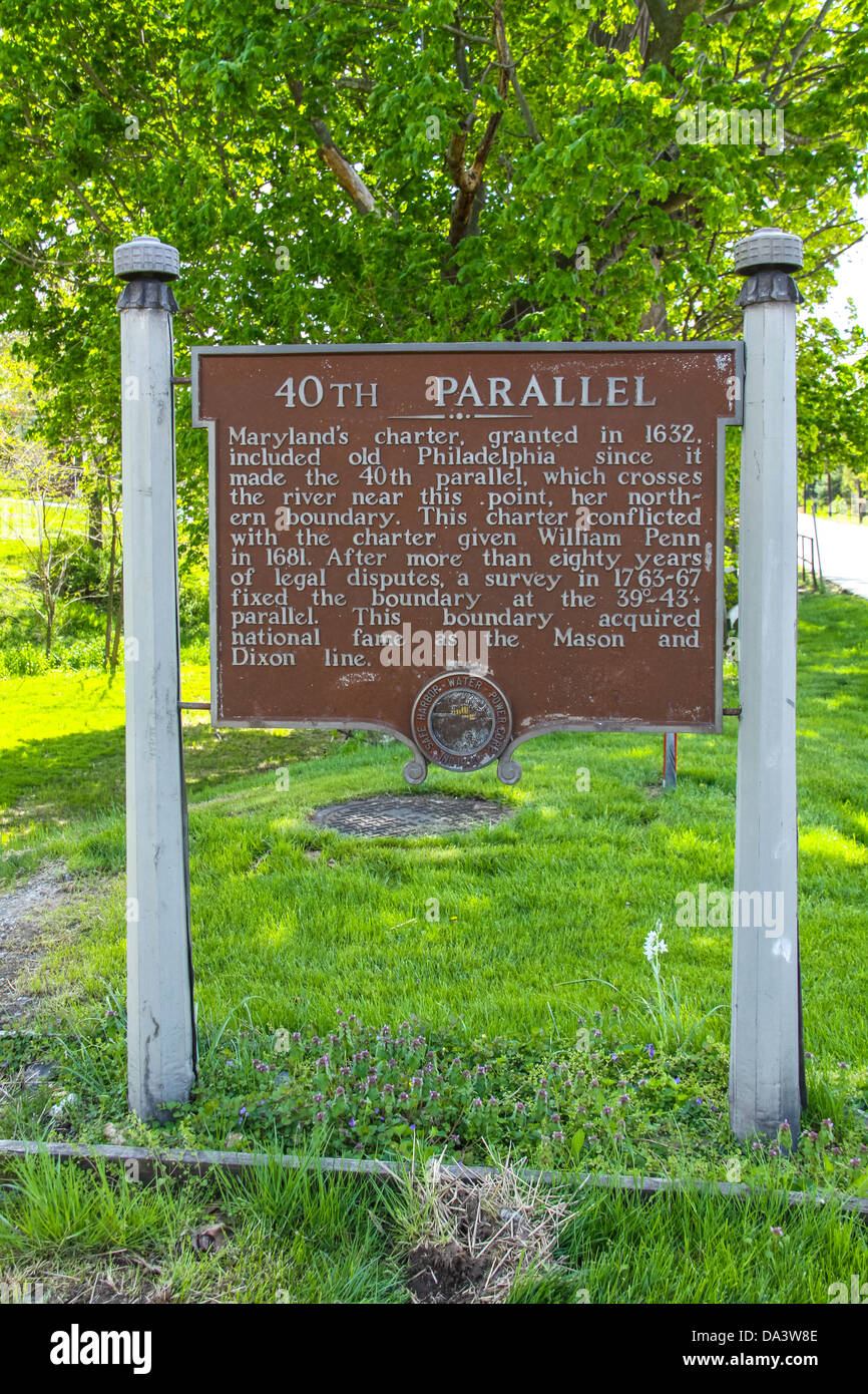 Marcatore storico a Washington Boro, PA che mostra il quarantesimo parallelo. Foto Stock