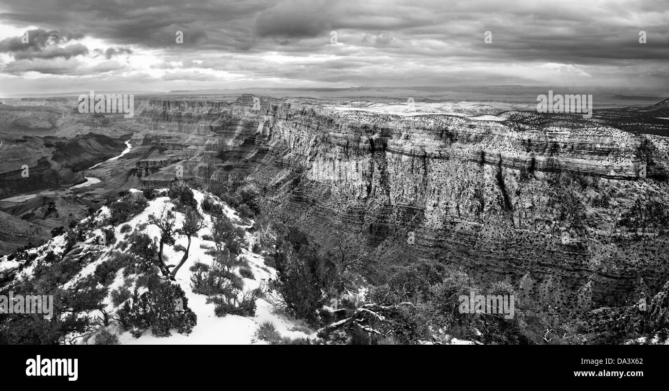 Una rappresentazione in bianco e nero, East Rim Vista del Parco Nazionale del Grand Canyon, Arizona, durante l'inverno, STATI UNITI D'AMERICA Foto Stock