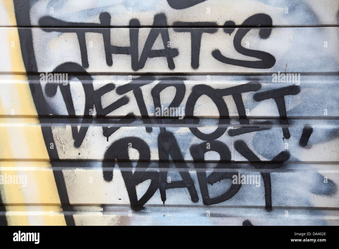 Un graffito che recita "Detroit Baby' è visto vicino orientale il Mercato degli Agricoltori a Detroit (MI) Foto Stock