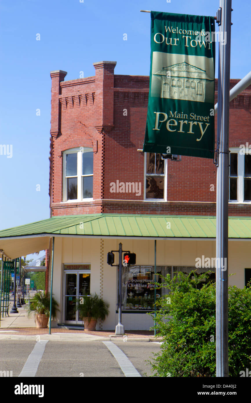Florida Perry, Main Street, banner, centro, edificio storico, visitatori viaggio viaggio turismo turistico punto di riferimento cultura culturale, vacatio Foto Stock
