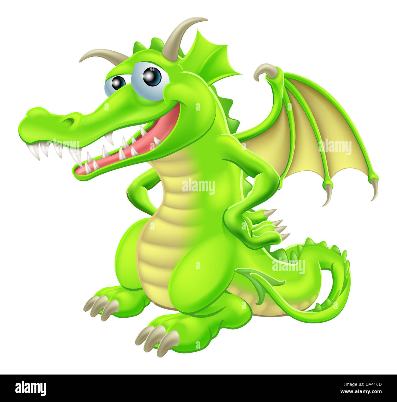 Una illustrazione di un fumetto verde happy dragon character in piedi con le mani sui fianchi Foto Stock