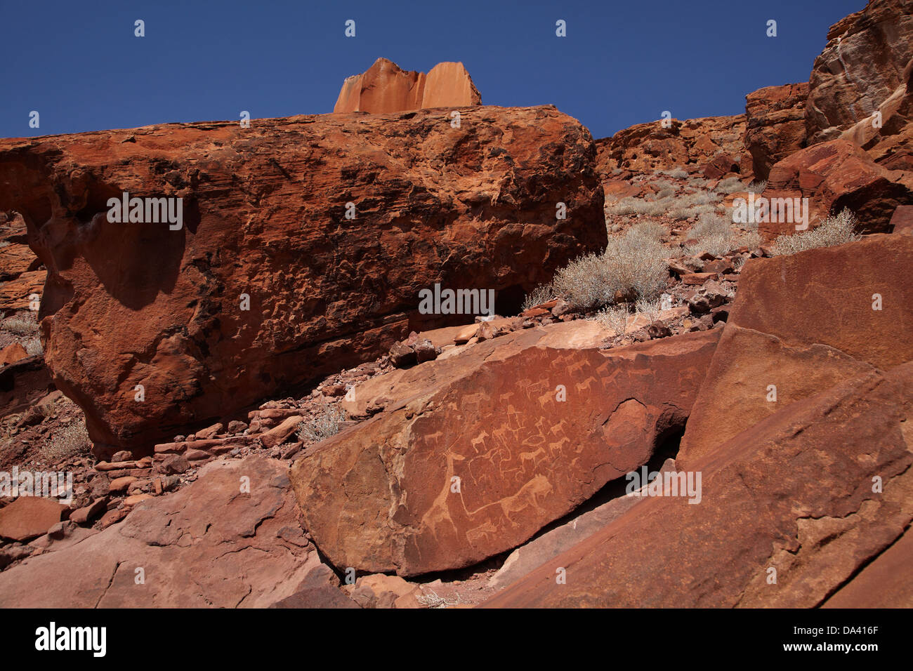 Piastra di Lion con Lion uomo antiche incisioni di roccia, Twyfelfontein Sito Patrimonio Mondiale dell'UNESCO, Damaraland, Namibia, Africa Foto Stock