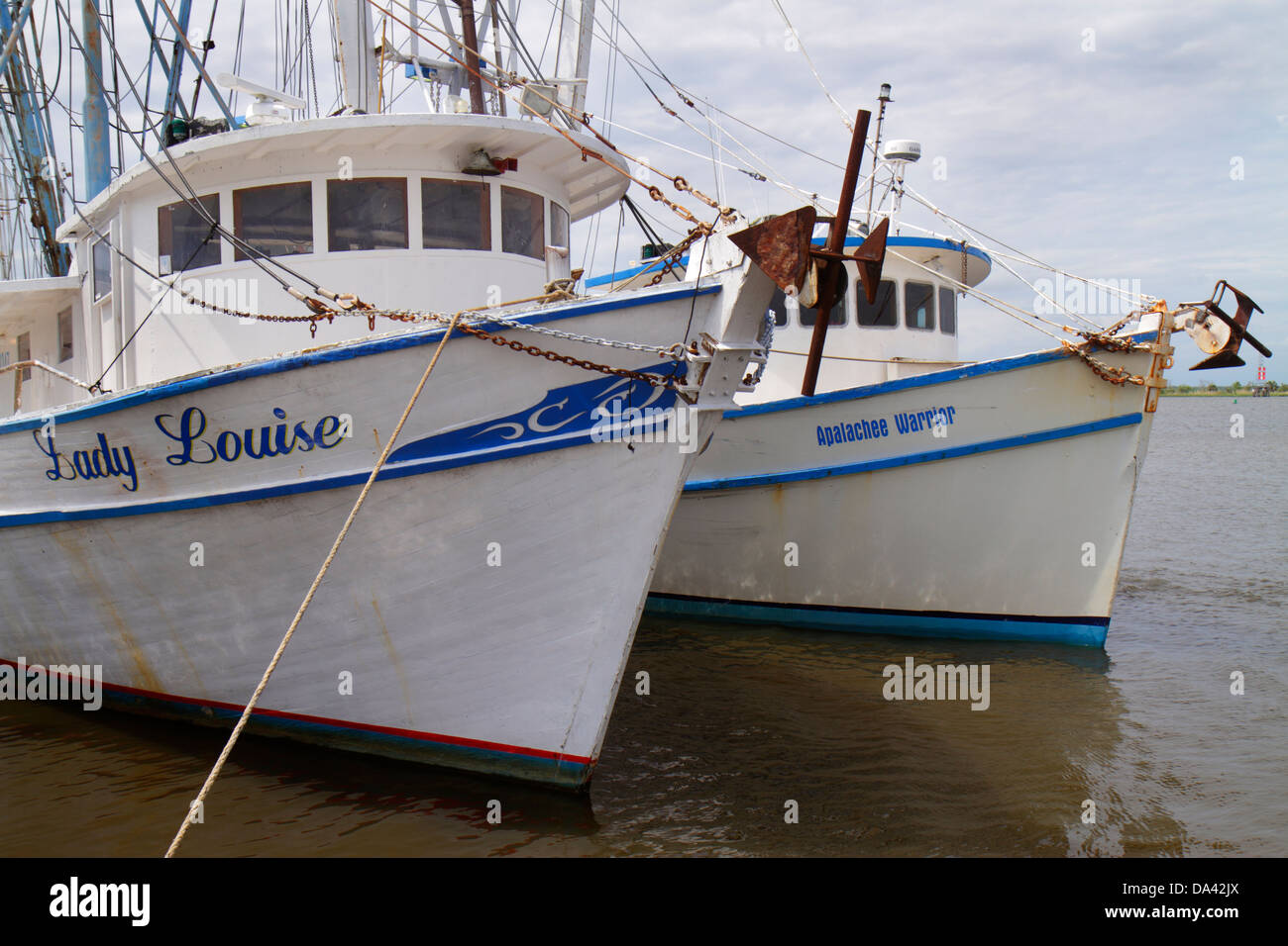 Florida Apalachicola, Water Street, molo della città, flotta commerciale, barche, ostriche, gamberi, gamberi, visitatori viaggio viaggio turistico turismo Landmar Landmar Foto Stock