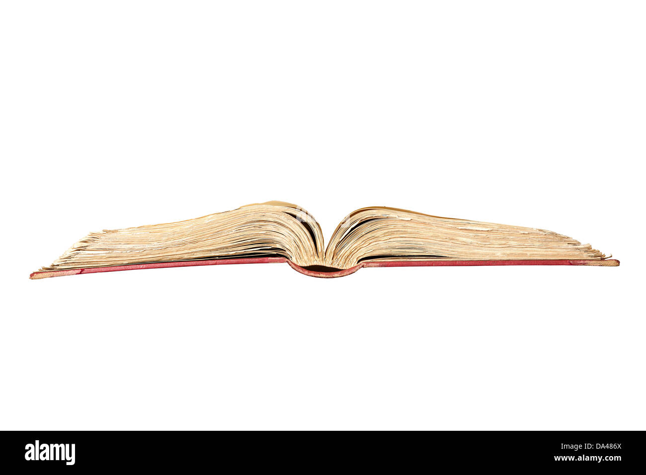 Vecchio libro aperto isolata su sfondo bianco Foto Stock