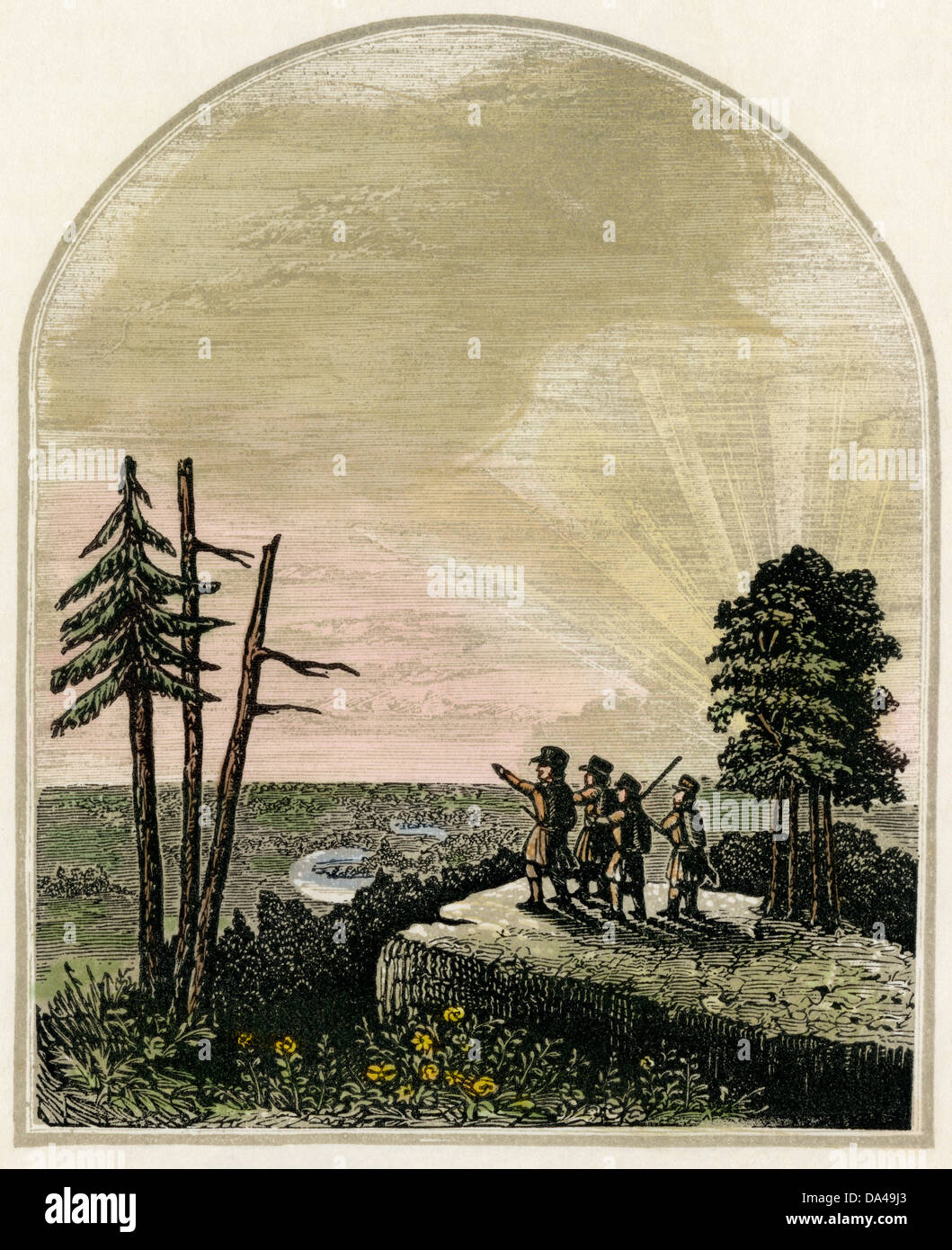 Daniel Boone la prima vista del Kentucky. Incisione a colori Foto Stock