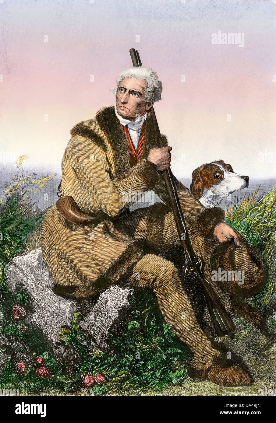 Daniel Boone, pioniere del Kentucky, con il suo fucile e cane. Colorate a mano incisione in acciaio Foto Stock