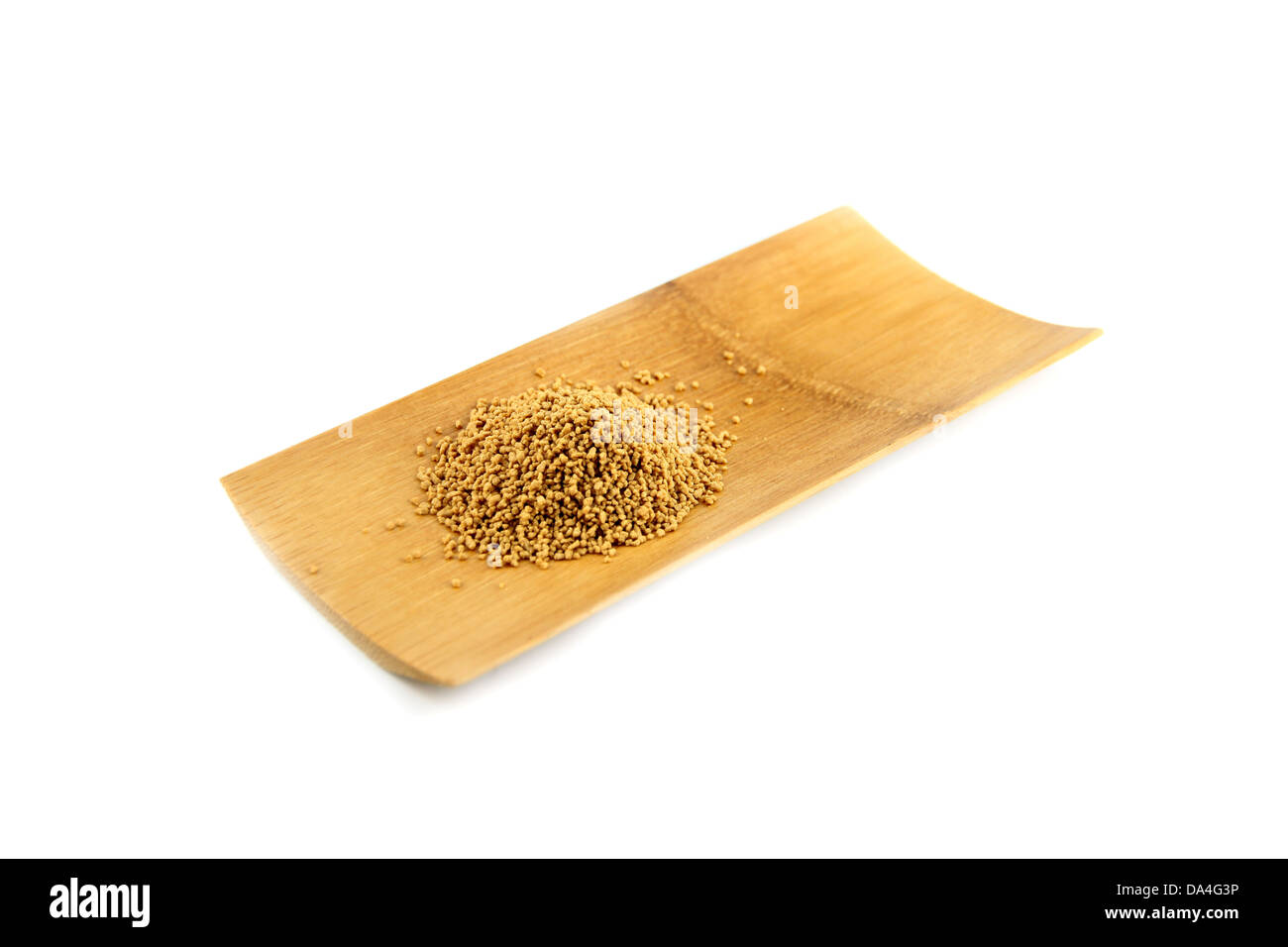 Lo zenzero in polvere in bamboo piatto su uno sfondo bianco. Foto Stock