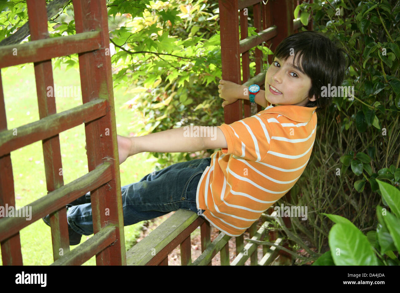 Ritratto di bruna ragazzo seduto sulla battuta di recinzione in giardino Foto Stock