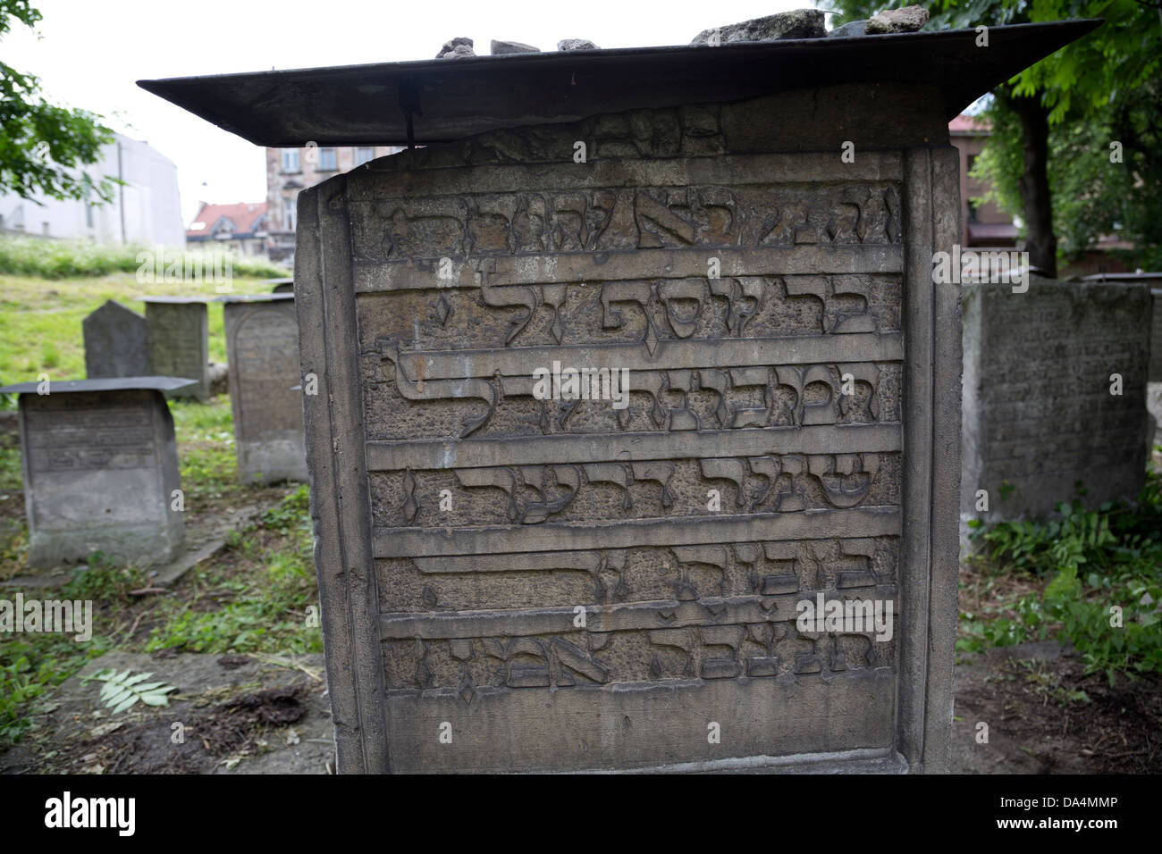 Lapide a Remuh, vecchio cimitero ebreo in Cracaw, Polonia. Foto Stock
